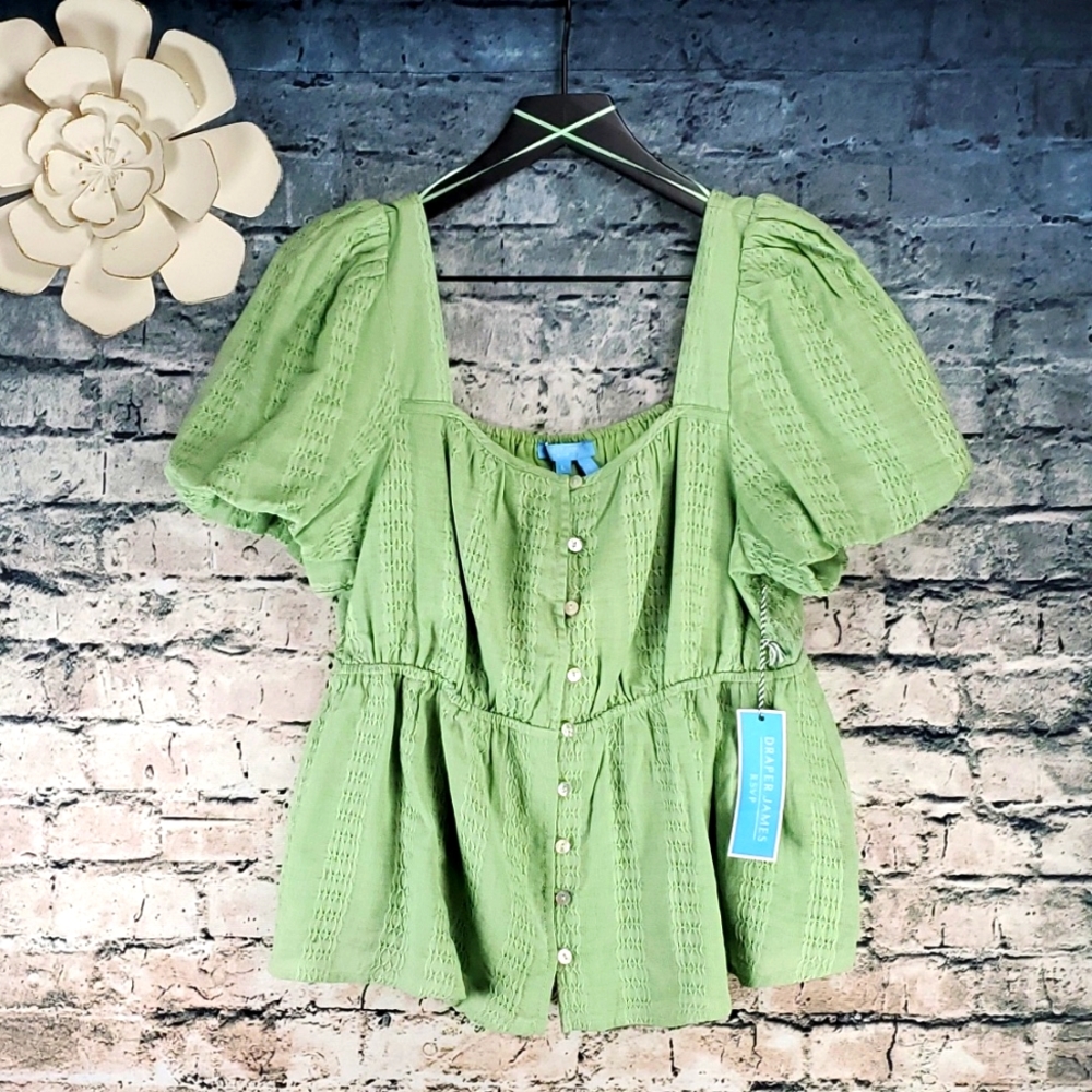 Draper James RSVP | Gypsy Boho Cottagecore Green Button Front Peplum Blo…